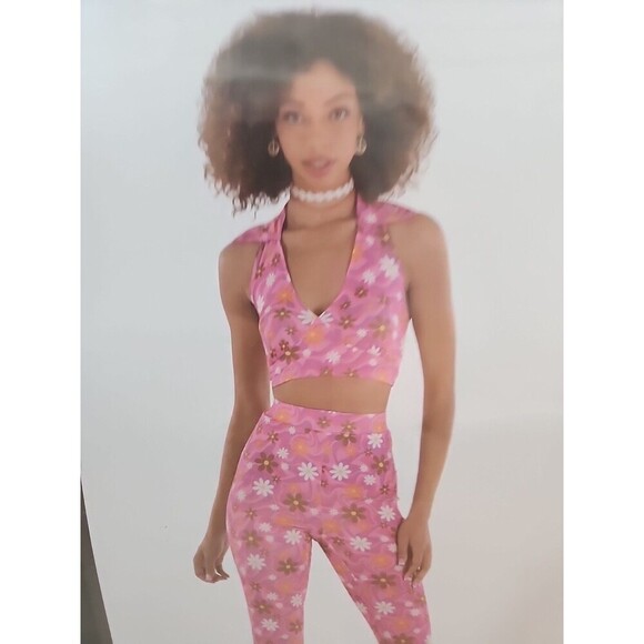 60's Costume Kit Pink Floral Halter Top & Bell Bottom Pants Adult S/M - Picture 3 of 6